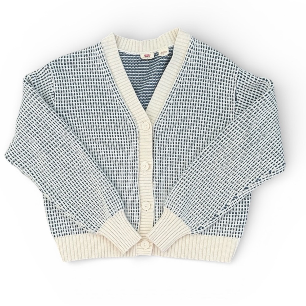 Levi's Cream and Light Blue Waffle-Knit Button Cardigan